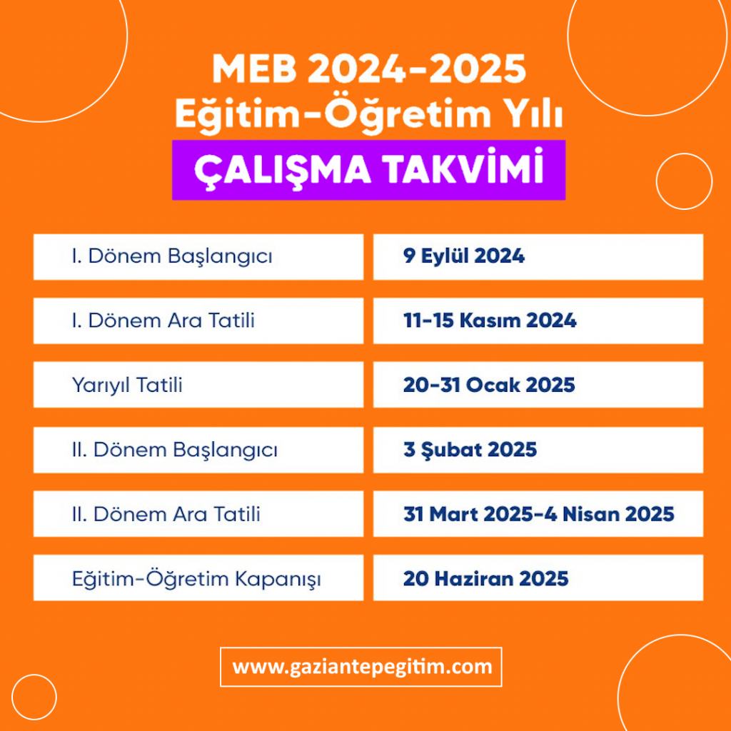 MEB 2024-2025 Eğitim Öğretim Yılı Çalışma Takvimi